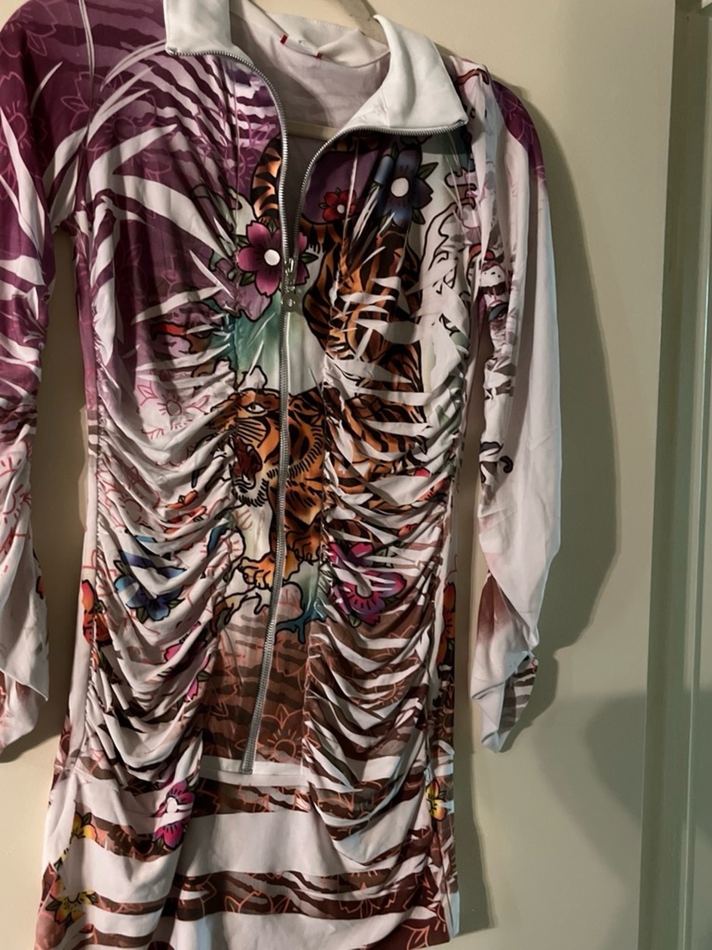 Floral Tiger Print Zip-Up Dress Top in White and Pink